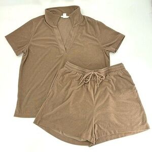 UEC H&M tan terry cloth collared shirt ,short set size large